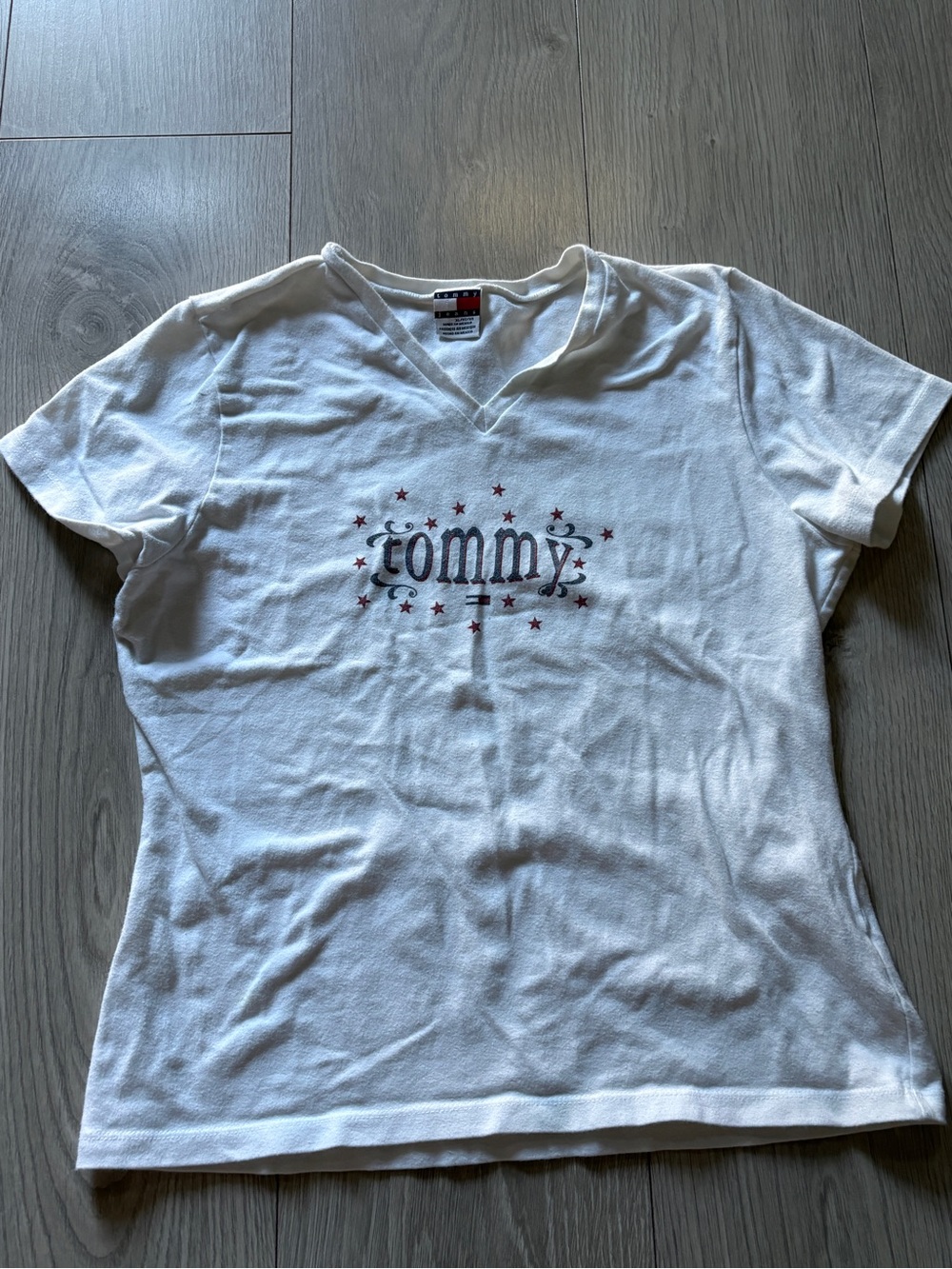 Tommy Hilfiger White V-Neck Tee with Red Star Accents